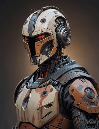 A male, (cybernetic robot:3), biomechanical, (mandolorian:3) , wearing intricate necromancer armor . red eyes, dark background, serious face expression. head and shoulders portrait , hyper-detailed oil painting, art by Greg Rutkowski and (Norman Rockwell:1.5) , illustration style, symmetry , sci-fi interior setting , huayu