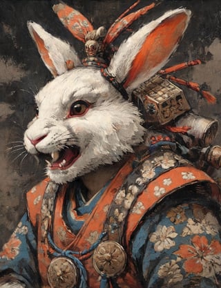 (close up, head and shoulders portrait:1.3), anthromorphic ( rabbit :1.6), oni_horns, samurai , samurai armor , brown, tangerine, sapphire , white and black color scheme , (dark background:1.2), Ukiyo-e,ink,colorful,shogun