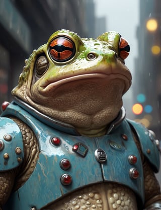 (close up, head and shoulders portrait:1.3), (anthromorphic toad:1.6), wearing sci-fi polycarbonate armor , "The overall effect is a blend of impressionism and abstraction, creating a rich, immersive setting. The scene should feature a realist selective focus on main subject. In contrast, the background should transition into an abstract, painterly environment. The atmosphere should be hazy and diffuse, contributing to an ethereal and somewhat dystopian feel. Background impressionistic style to emphasize mood and atmosphere over detailed realism. The colors in the background include shades of rich, vibrant hues with dramatic contrasts, featuring deep, earthy tones and vivid highlights, blending seamlessly with cooler hues like blues and greys. Use muted accents like rusty orange-yellows, and rusty teals to highlight tiny areas and add visual interest. Use this blend of subdued and bold colors to emphasize the gritty nature of the scene."