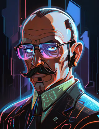 (head and shoulders portrait:1.2), anthropomorphic (cyberpunk:1.3) man with an amazing handlebar mustache, balding, holographic glasses, (outline sketch style:1.5), gritty fantasy, (art by Syd Mead:1.8), dark muted background, muted colors, detailed, 8k