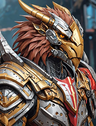 (head and shoulders portrait:1.2), a Warforged eagle manticore , sentient construct of gleaming metal and gears, is dressed in intricately detailed armor. Inspired by the art of Destiny 2 and the style of Guardians of the Galaxy,art_booster