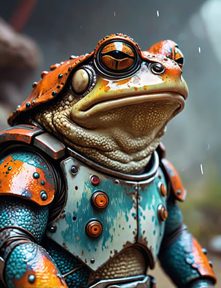 (close up, head and shoulders portrait:1.3), (anthromorphic toad:1.6), wearing sci-fi polycarbonate armor , "The overall effect is a blend of impressionism and abstraction, creating a rich, immersive setting. The scene should feature a realist selective focus on main subject. In contrast, the background should transition into an abstract, painterly environment. The atmosphere should be hazy and diffuse, contributing to an ethereal and somewhat dystopian feel. Background impressionistic style to emphasize mood and atmosphere over detailed realism. The colors in the background include shades of rich, vibrant hues with dramatic contrasts, featuring deep, earthy tones and vivid highlights, blending seamlessly with cooler hues like blues and greys. Use muted accents like rusty orange-yellows, and rusty teals to highlight tiny areas and add visual interest. Use this blend of subdued and bold colors to emphasize the gritty nature of the scene."