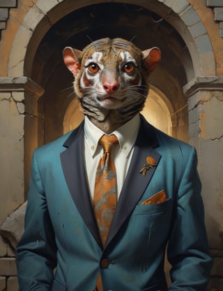 creative magic creature art, creature fusion ( tiger :1.6) (colugo :1.8), (bioluminescence :2), wearing business suit, glowing eyes, head and shoulders portrait , hyper-detailed oil painting, art by Greg Rutkowski and (Norman Rockwell:1.5) , illustration style, symmetry , inside a medieval dungeon, cracked stone walls , huayu