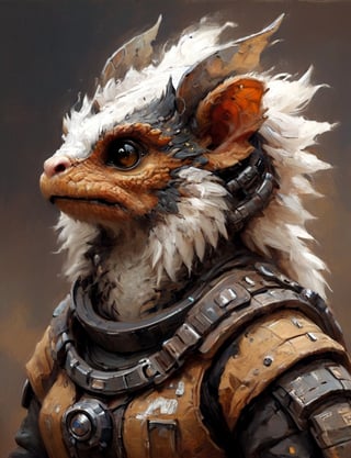(close up, head and shoulders portrait:1.3), anthromorphic (marmoset :1.2) dragon, futuristic power armor, bounty hunter , brown and white and black color scheme , Disney pixar style