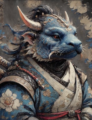 (close up, head and shoulders portrait:1.3), anthromorphic ( walrus :1.2) dragon, samurai , black samurai armor, brown, blue violet , white and black color scheme , (dark background:1.2), Disney pixar style,Ukiyo-e,ink,colorful,shogun