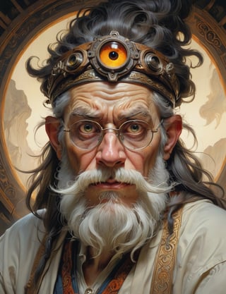 high fantasy world, wild eyed wizard wearing half-rim spectacles, looking intently at the viewer, menacing snarling angry expression, glowing eyes, biomechanical, long beard , head and shoulders portrait , hyper-detailed oil painting, art by Greg Rutkowski and (Norman Rockwell:1.5) , illustration style, symmetry , mideval dungeon setting , huayu