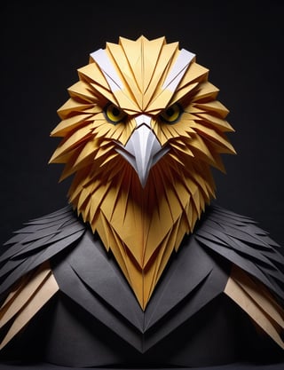 (head and shoulders portrait:2), (angry glaring villian paper eagle:2), menacing expression, wearing super hero outfit, made out of folded paper, origami,  light and delicate tones, clear contours, cinematic quality, dark background, highly detailed, chiaroscuro, ral-orgmi