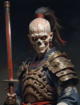 A male skeleton, wearing intricate samurai armor . Bald hairstyle, red eyes, a glowing red sword of magic, Best quality rendering, serious face expression. Dark night,cinematic lighting,dark art ,Fog, head and shoulders portrait , hyper-detailed oil painting, art by Greg Rutkowski and (Norman Rockwell:1.5) , illustration style, symmetry , mideval dungeon setting , huayu