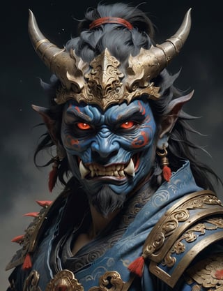 A male, blue phantom, painted oni face mask, dragon helm, large sharp teeth, roaring , wearing intricate samurai armor . red eyes, Best quality rendering, serious face expression. Dark night,cinematic lighting,dark art ,Fog, head and shoulders portrait , hyper-detailed oil painting, art by Greg Rutkowski and (Norman Rockwell:1.5) , illustration style, symmetry , mideval dungeon setting , huayu