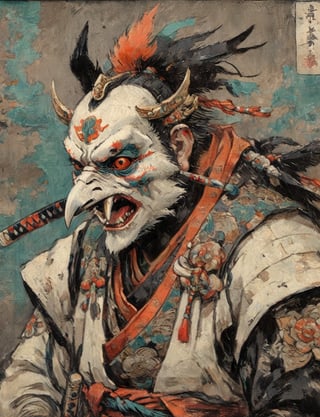 (close up, head and shoulders portrait:1.3), anthromorphic ( raven :1.6), oni_horns, samurai , samurai armor , brown, tangerine, teal , white and black color scheme , (dark background:1.2), Ukiyo-e,ink,colorful,shogun,katana,tanto,amaterasu