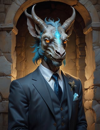 creative magic creature art, creature fusion ( markhor :1.4) (gargoyle :1.8), (bioluminescence :2), wearing business suit, glowing eyes, head and shoulders portrait , hyper-detailed oil painting, art by Greg Rutkowski and (Norman Rockwell:1.5) , illustration style, symmetry , inside a medieval dungeon, cracked stone walls , huayu
