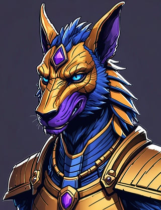 (close up, head and shoulders portrait:1.3), gold and orange gradient , (anthromorphic anubis manticore :1.6), wearing blue and violet sci-fi polycarbonate armor, (strong outline sketch style:1.5), gritty fantasy, (darkest dungeon art style :1.4), dark muted background, detailed
