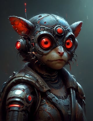 (close up, head and shoulders portrait:1.3), anthromorphic, High tech cybernetic (tarsier:1.2) (lady bug:1.7), multi Eyes,Glowing mechanical eyes, high-tech cybernetic body, futuristic power armor, bounty hunter ,xl_cpscavred,mad-cyberspace,cyberpunk