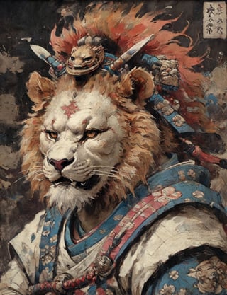 (close up, head and shoulders portrait:1.3), (anthromorphic lion :1.6), oni_horns, samurai , samurai armor , brown, blue, violet , white and black color scheme , (dark background:1.2), Ukiyo-e,ink,colorful,shogun