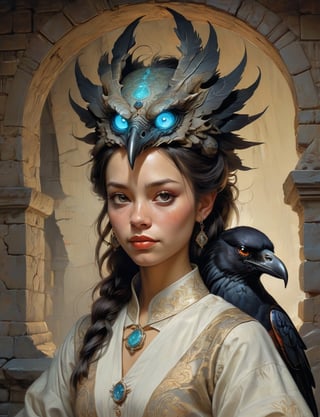 creative magic creature art, anthropomorphic creature fusion ( dragon :1.6) (crow :1.8), prominent eyelashes, (bioluminescence :2), wearing business blouse , glowing eyes, head and shoulders portrait , hyper-detailed oil painting, art by Greg Rutkowski and (Norman Rockwell:1.5) , illustration style, symmetry , inside a medieval dungeon, cracked stone walls , huayu