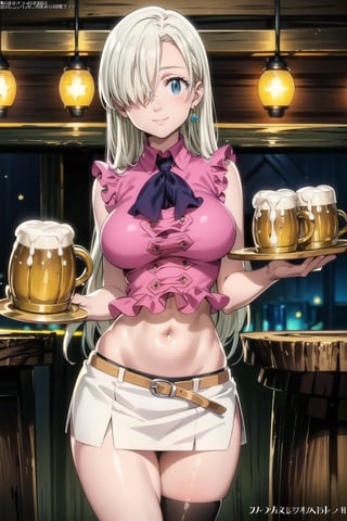 ((best quality)), ((highly detailed)), masterpiece, ((official art)), elizabeth, long hair, blue eyes, white hair, hair over one eye, long hair, single earring, seductive smile, bar, indoors holding tray, beer, beer mug, table, chair, large breasts, pink shirt, navel, belt, (black skirt), miniskirt, (single thighhigh), intricately detailed, hyperdetailed, blurry background, depth of field, best quality, masterpiece, intricate details, tonemapping, sharp focus, hyper detailed, trending on Artstation, 1 girl, high res, official art nude