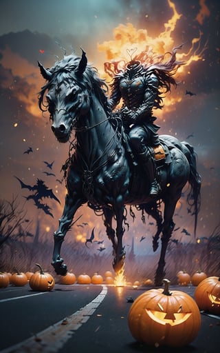 Capture an extraordinary scene as a one headless horseman crosses a road with an awe-inspiring leap over a car that was driving too fast.. This heart-pounding moment showcases the horseman's remarkable skill, as he and his steed soar through the air, defying all expectations.,Jack o 'Lantern,DonMD3m0nsXL 