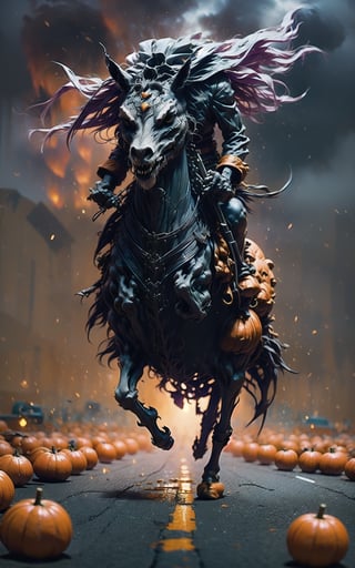 Capture an extraordinary scene as a one headless horseman crosses a road with an awe-inspiring leap over a car that was driving too fast.. This heart-pounding moment showcases the horseman's remarkable skill, as he and his steed soar through the air, defying all expectations.,Jack o 'Lantern,DonMD3m0nsXL 