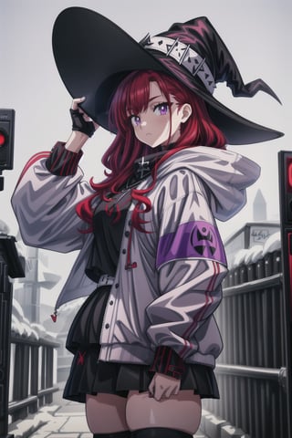 teenage woman, red hair, purple eyes, white hooded jacket, black shirt, black skirt, white witch's hat, curvy, 4k, 8k, ultra high quality, anime
