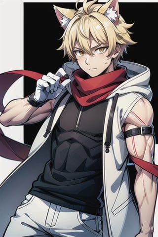 man, blond messy hair, golden eyes, cat ears, semi muscular, sleeveless white hooded coat, red scarf, black shirt, black cargos, one person, anime character, 4k, 8k, ultra high quality, anime
