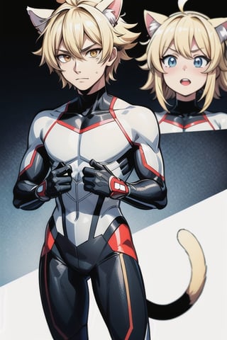 man, blond messy hair, golden eyes, cat ears, futuristic superhero, white and red clothes, one person, anime character, 4k, 8k, ultra high quality, anime
