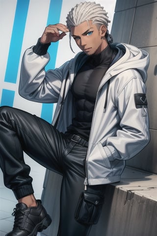 black adult MAN, dark brown skin, white hair, cornrow hair, blue eyes, white hooded jacket, black turtleneck, black cargos, 4k, 8k, ultra high quality, anime