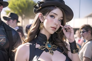 steampunk, hat, brown_hair, looking_at_viewer, jewelry, earrings, goggles, outdoors, multiple_girls, multiple_boys, aircraft, blurry, dress, lips, mole, realistic, blue_eyes, solo_focus, sky, 2girls, crowd, goggles_on_headwear