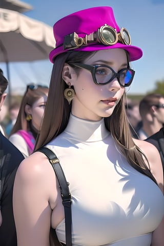 steampunk, hat, brown_hair, looking_at_viewer, jewelry, earrings, goggles, outdoors, multiple_girls, multiple_boys, aircraft, blurry, dress, lips, mole, realistic, blue_eyes, solo_focus, sky, 2girls, crowd, goggles_on_headwear