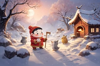 The cute God of Wealth is sending angpao standing in the snow. Winter is coming and the earth is covered with snow. The snowflakes are crystal clear and sprinkled on the treetops and roofs. The cold wind blows, the creek freezes, and the world becomes white. Icicles hung from the eaves, giving off a charming glow in the morning light. The animals hid in caves, and only the birds jumped happily in the snow. As night falls, the starry sky is bright and the moon sheds silver light. The scenery in winter is quiet and beautiful, as if you have entered a dreamy wonderland.