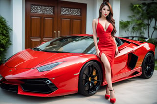 Beautiful Asian girl, with highly detailed facial features,  professional model type makeup, and a slight smile, wearing a beautiful evening gown and high heels,  perfect breast, cleavage showing, shapely legs, standing next to a Red Lamborghini sports car, zoom out to show a full view of girl, car, very nice house