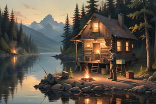 (masterpiece),  rustic cabin in the woods ((no Lights on))), 1 man,  late evening, standing, facing the water, fishing, a fish on the line, fishing rod bent, the is man bending back suggesting it is a large fish, tackle box on the ground beside the man, outside firepit burning, evening shadows

,midjourney