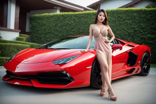 Beautiful Asian girl, with highly detailed facial features,  professional model type makeup, and a slight smile, wearing a beautiful evening gown and high heels,  perfect breast, cleavage showing, shapely legs, standing next to a Red Lamborghini sports car, zoom out to show a full view of girl, car, very nice house