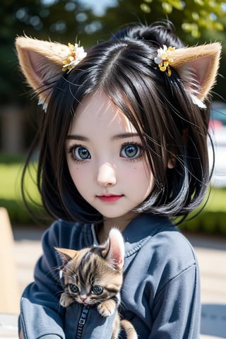 ((anime chibi style)), cute looking kitten with adorable eyes in the park, dynamic angle, depth of field