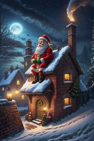 masterpiece, santa claus completely stuck in a chimney on the rooftop of a house at christmas night trying very desparately to get out of the chimney, EpicArt, High resolution rendering in 4K, detailed face,fantasy00d,ChristmasVillage,monster