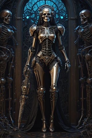 (Very detailed 8K wallpaper), A masterfully detailed portrait of a sinister necromancer absolute full body and legs and feet, their face shrouded in darkness, a cyborg skeleton companion lurking ominously in the shadows. The artwork is rendered in a highly detailed and dramatic steampunk fantasy style, featuring a retro-futuristic female robot with intricate design elements, full body.