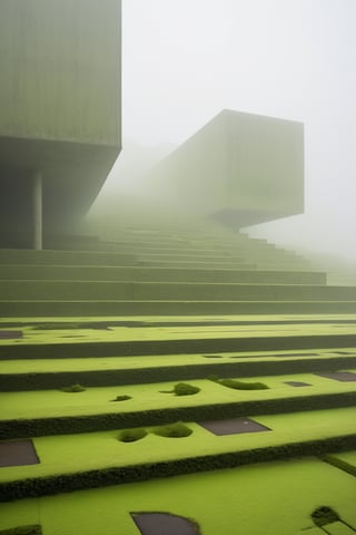 Brutalism Building with labyrinth-like staircases and ramps, in desolated environment, the air is full of fog like green sand, very gloomy atmosphere 