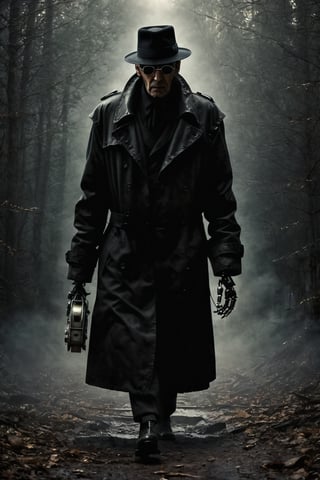 parameters: hyper-detailed, photorealistic, ultra photoreal, cinematic shading, sinister, old, very ugly, man in a black trenchcoat wearing a black hat and black sunglasses, full body, full legs, ((with robot hands:1.2)), very gloomy atmosphere,stalker