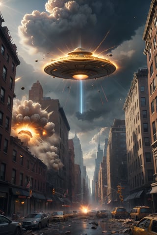 hyper-detailed,  photorealistic, ultra photoreal, cinematic shading, a single golden UFO hovering over New York, destroying the city with lasers, exploding building (lots of explosions and debris:1.2), gloomy sky