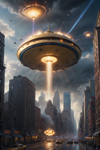 hyper-detailed,  photorealistic, ultra photoreal, cinematic shading, a single golden UFO hovering over New York, destroying the city with blue lasers, exploding building (lots of explosions:1.2), gloomy sky