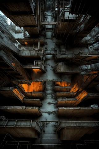 Brutalism Building with labyrinth-like staircases and ramps, in desolated environment, the air is full of orange fog, very gloomy atmosphere ,bird 's-eye view