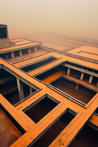Brutalism Building with labyrinth-like staircases and ramps, in desolated environment, the air is full of orange fog, very gloomy atmosphere ,bird 's-eye view,Hyperrealism style