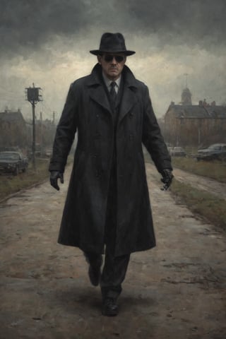 parameters: hyper-detailed, photorealistic, ultra photoreal, cinematic shading, sinister, old, very ugly, man in a black trenchcoat wearing a black hat and black sunglasses, full body, full legs, ((with robot hands:1.2)), very gloomy atmosphere,stalker