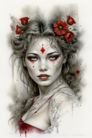 Cinematographic, masterpiece. Using a mixed media approach combining oil paint, pen and ink, and alcohol ink on a pristine white background, this artwork employs a seamless double exposure technique, a hyper-detailed and intricate portrait of an elegant woman with a striking (((clean detailed face))), red lips, long curly, surrounded by delicately rendered flowers, with the design of a Queen of Hearts playing card in the background, 8k, Gabriele Dell'otto, Bob Peak, bright saturated colors, watercolor, algae paintings oil, HDR, 500px ,more detail XL, ebsonya,rebhanna,rebemily