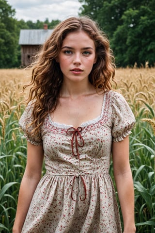 Rural Charm A woman whose beauty is rustic and charming, like a country maiden in a pastoral setting. Her features are wholesome and down-to-earth, with a rosy glow to her cheeks and a twinkle in her eye. Her skin is sun-kissed and freckled, with a natural, outdoorsy charm. Her hair is a mane of wild curls, the color of ripe wheat. She wears a simple, cotton dress, the fabric adorned with floral patterns that echo the beauty of the countryside. She radiates a sense of warmth and hospitality, like a breath of fresh air in a busy world.
