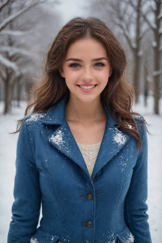 fully body figure of a young 21 year old woman, sexy figure, brown hair, blue eyes, wearing wool jacket and jeans, perfect curves, smile, winter, falling_snow, snow
