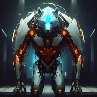 This is an image of a bear with a robotic or cybernetic arm. The bear is standing on a bridge with a city skyline in the background, suggesting a futuristic or science fiction setting. The bear's arm is intricately designed with glowing blue and orange lights, indicating advanced technology or machinery. The overall aesthetic is reminiscent of a scene from a science fiction movie or video game, where animals are enhanced with cybernetic parts.