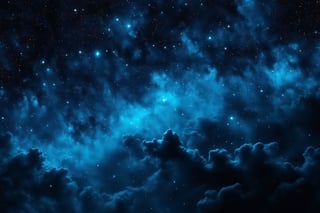 Dark night sky, stars, shades of blue Metallic, distant nebula, blue glow