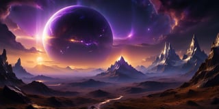 A massive, purple yet sinister planet looming ominously in the foreground, its surface dominated by twisted, jagged mountain ranges that seem to writhe and undulate like a living entity. Dark, foreboding clouds encircle the planet, obscuring any signs of life or light. The air is thick with an eerie purple haze that casts everything in a dim, unsettling glow. In the background, a menacing purple sun hangs low in the sky, its light barely penetrating the thick atmosphere. The planet's surface appears to be covered in a layer of fine, iridescent dust that shifts and dances in the unseen winds, giving the entire scene a surreal, otherworldly quality. The image is framed by a strange, metallic looking frame, cold and unyielding, adding to the sense of foreboding and malevolence that permeates the entire scene., (Oil painting) (by Jean-François Millet), (by Gustave Courbet) , (by Jules Breton), close up, dark fantasy, ,Renaissance Sci-Fi Fantasy