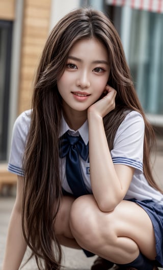 (raw photo:1.2), ((photorealistic:1.4)), best quality, masterpiece, extremely detailed, 8k wallpaper, 1 girl, full body, most beautiful girl, beauty model, stunningly beautiful girl, gorgeous girl, over sized eyes, big eyes, toothless smile, looking at viewer, long_hair, school_uniform, school_girl, school,IncrsNikkeProfile,Bomi,better_hands,Detailedface,More Detail