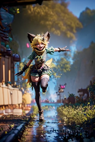 a girl with YELLOW cat ears and bird tail, smile, open mouth, bangs, blonde hair, hair ornament, tights, gloves, animal ears, green eyes, short sleeves, :d, boots, outdoors , shorts, teeth, day, black gloves , hairpin, diaphragm, fingerless gloves, tree, leaf, brown gloves, yellow (((RAYS RUNNING THROUGH YOUR BODY))),(((CUTE))), running, particles, wind, moving legends,
skin, realistic,(((FULL BODY))
photon mapping
more details
16k, HDR, cg, 3d, maintains maximum image details, photography, high resolution, Anti Aliasing,